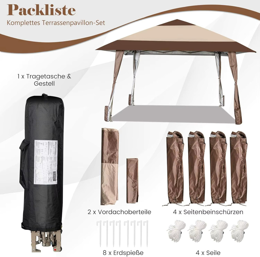 GOFLAME Pop-up-Pavillon mit Rädern, wasserdichter Klapppavillon mit UV-Schutz 50, Partyzelt für den Garten, Farbe: Braun, B/T/H: 400 x 390 x 285 cm - Bild 5