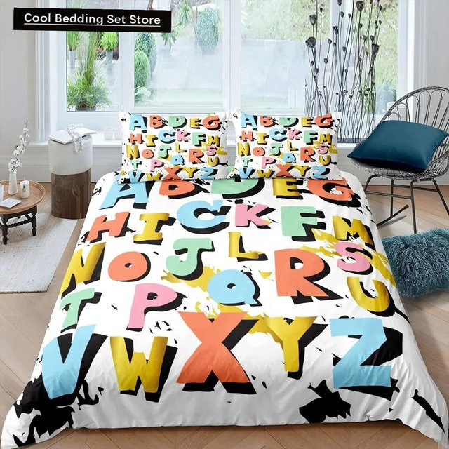 Bettwäscheset Cartoon Zahlen König Königin mit lieblichen Tieren und englischem Alphabet, 3-teilig, Bunt, B/H: 135 x 200 cm - Bild 1
