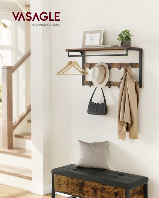 Vasagle Wandgarderobe mit Ablage und 10 abnehmbaren Haken in Braun-Schwarz, B/T/H: 80 x 30 x 42 cm - Bild 3