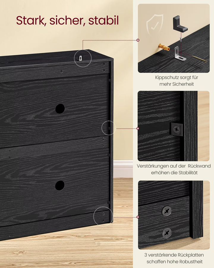 VASAGLE Schuhschrank mit 4 Klappen in Schwarz, moderner Schuhkipper für den Flur mit verstellbaren Trennwänden und Belüftung - Bild 4