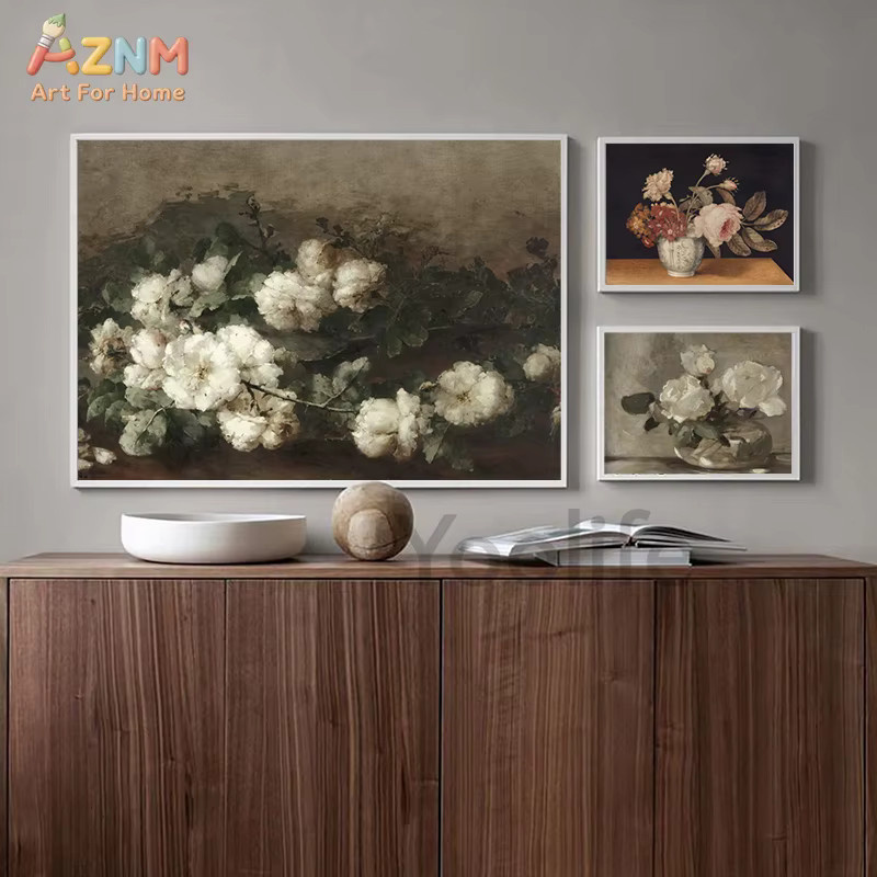 AZNM Vintage Dark Academia Blumen-Stilleben Leinwand-Wandkunst mit Pfingstrosen und Rosen in Mehrfarben - Bild 2