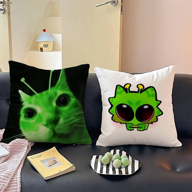 52TOYS Kissenbezug Alien-Katze aus Plüsch in Grün, quadratisch, B/T/H: 40 x 40 x 40 cm - Bild 1