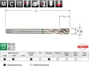 RUKO Maschinengewindebohrer M 12 DIN 376 HSS Co 5 Form C 35 Grad in Silber - Bild 1