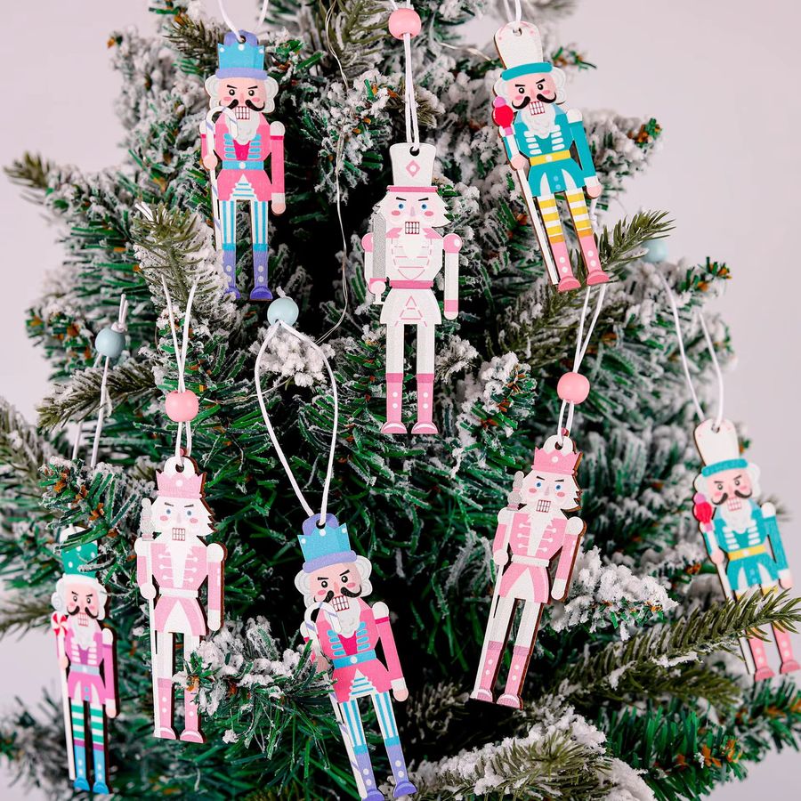 8er Set joy-enlife Nussknacker Soldat Anhänger aus Holz in Rosa für Weihnachtsbaum und Neujahr - Bild 2