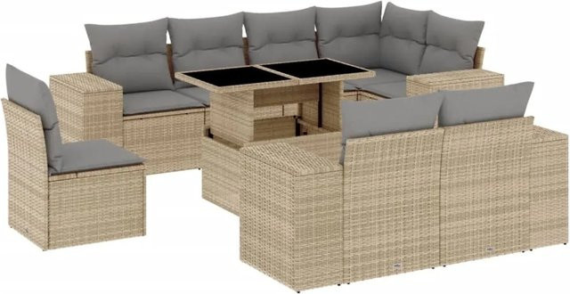 vidaXL 9-tlg. Garten-Sofagarnitur in L-Form aus Poly-Rattan mit Kissen in Beige-Grau - Bild 1