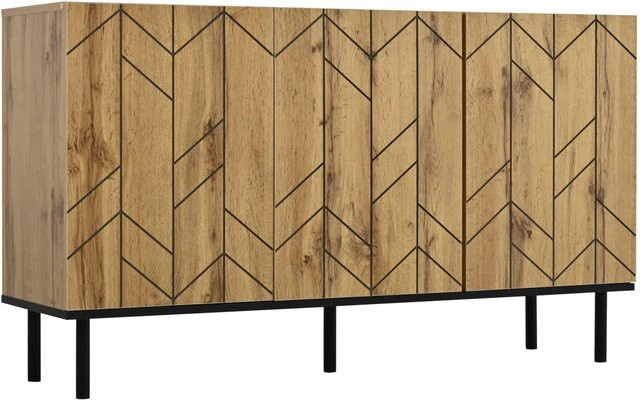 Merax Sideboard Modern mit Wellenmuster und 3 Türen in Natur, B/T/H: 120 x 35 x 70 cm - Bild 1