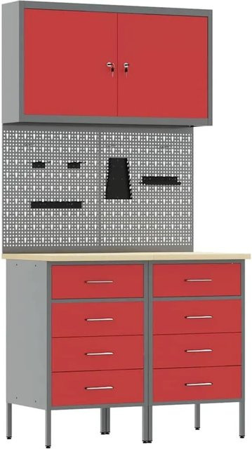 vidaXL Werkbank mit Schubladen und Pegboard aus Holz und Stahl, Rot, B/T/H: 200 x 55 x 34 cm - Bild 1