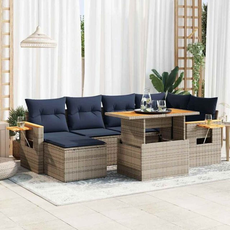 7-tlg. Garten-Sofagarnitur mit Kissen aus Polyrattan in Schwarz von vidaxl - Bild 1