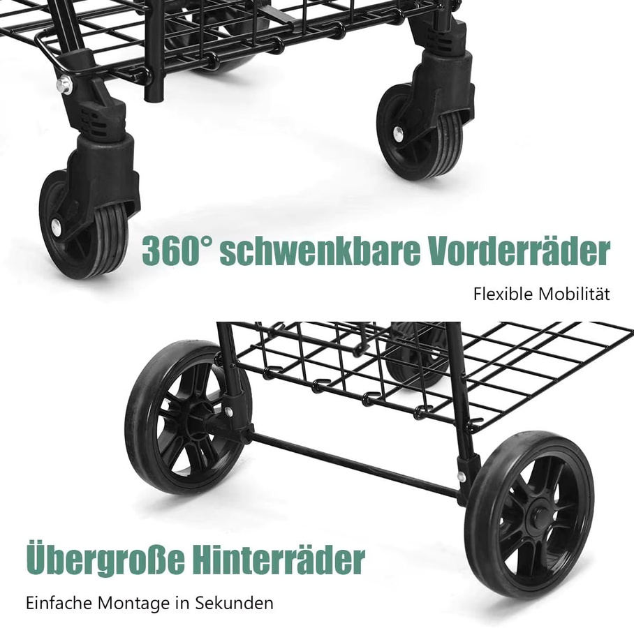 GOFLAME Klappbarer Einkaufswagen in Schwarz mit verstellbarem Griff und 48 l Fassungsvermögen - Bild 5