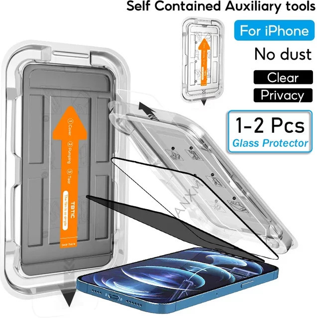 Sichtschutz Displayschutzfolie aus gehärtetem Glas für iPhone 14 15 16 Plus 13 12 11 Pro Max XS Mini in Transparent mit staubfreier Installation - Bild 1