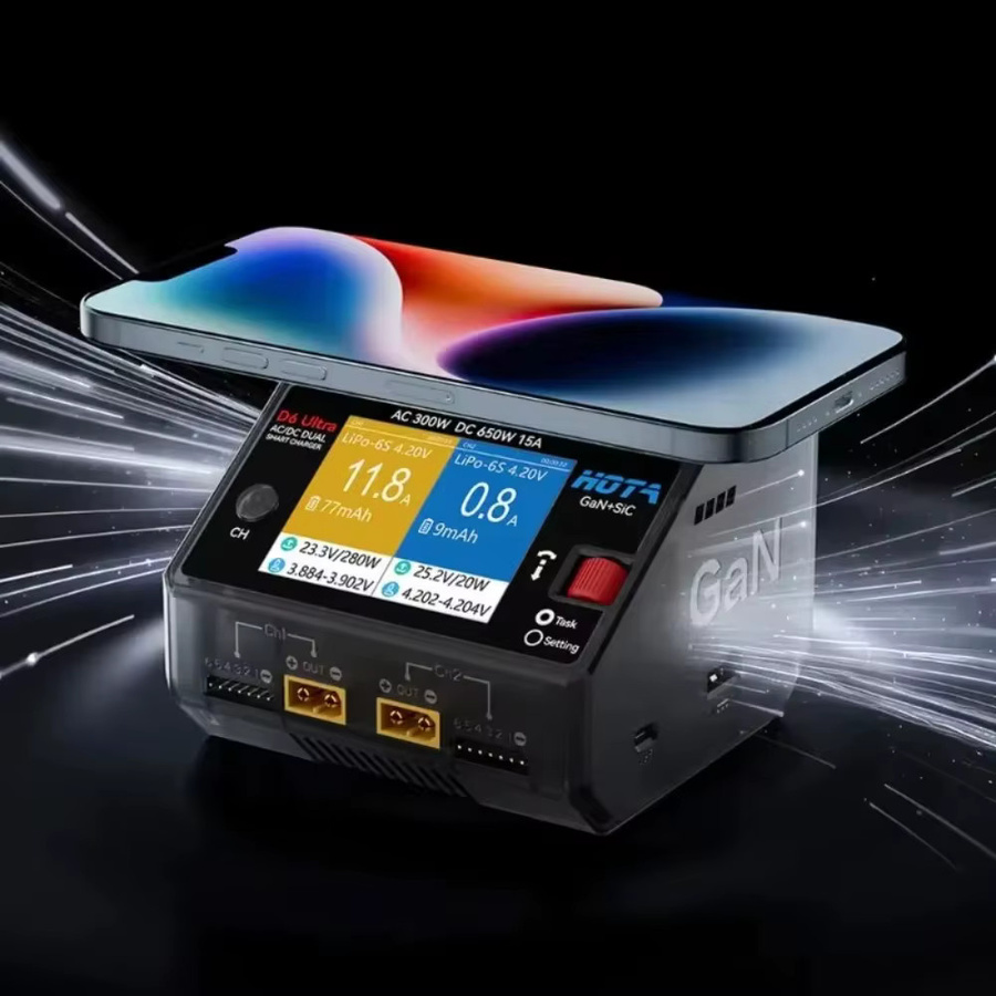 HOTA D6 Ultra AC/DC 650W GaN Tech Dual-Channel Smart-Ladegerät für 1-6S LiPo LiHV Li-ion FPV Drohnen RC Akku mit XT60 in Schwarz und Grau - Bild 2