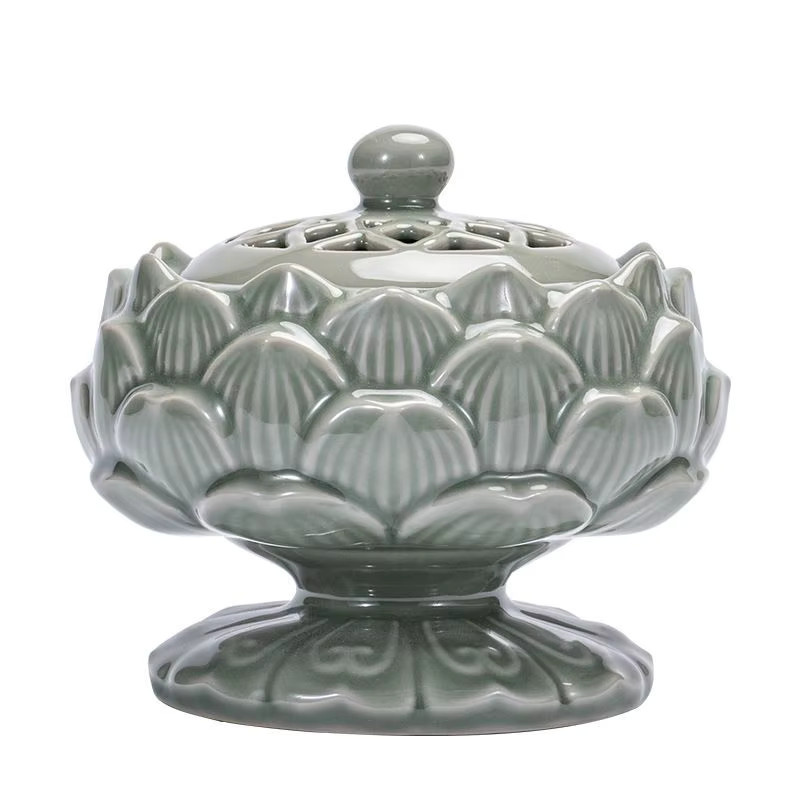 Lotus-Keramikplatte als Weihrauchbrenner in Grün mit floralem Design für Aromatherapie - Bild 5