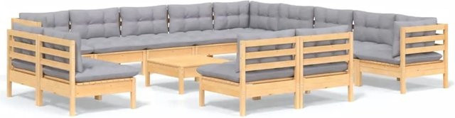 vidaXL 14-teiliges Garten-Lounge-Set aus massivem Kiefernholz mit grauen Polstern in Braun-Grau - Bild 1