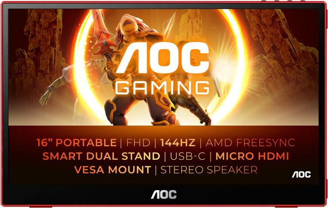 AOC 16G3 Mobiler Gaming Monitor in Schwarz/Rot mit 40 cm (16 Zoll) Widescreen Full HD IPS Display, 144 Hz und 4 ms Reaktionszeit - Bild 1