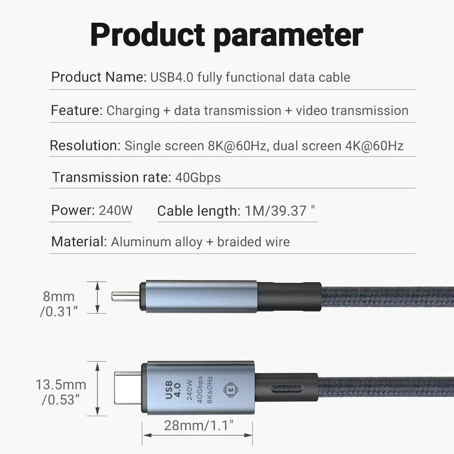 Gopala USB C auf USB C Schnellladekabel 240 W, grau, geflochten, mit 8K-Video und 40 Gbit/s für iPhone 15 Pro/Max und Samsung Galaxy S22/S23 - Bild 2