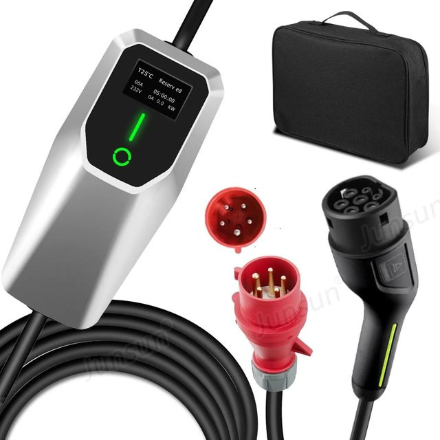 Junsun EV Ladegerät 11kW mit 4m Type 2 Kabel, 3-phasig, 8-16A, Farbe: Silber - Bild 1
