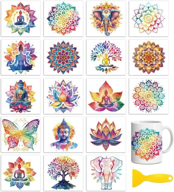 18 Blatt UV-DTF-Cup-Wrap Rub-On-Transfers zum Basteln mit Lotus und Buddha Motiven, wasserfeste Kalttransferaufkleber, Multicolor, B: 9,14 cm x H: 9,91 cm - Bild 1