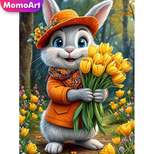 Momoart 5D-Diamantgemälde Set mit Kaninchen und Blumen, buntes Diamant-Mosaik für Erwachsene mit runden Strasssteinen - Bild 1