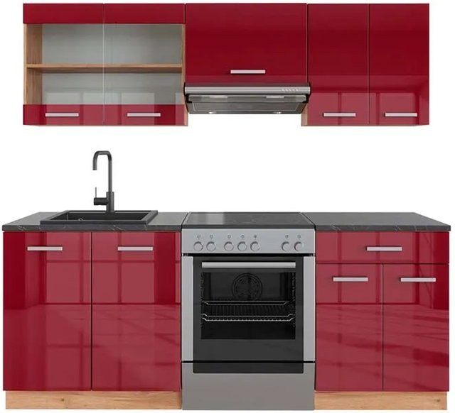 Vicco R-Line Küchenzeile Bordeaux Hochglanz Goldkraft Eiche Anthrazit Breite: 200 cm - Bild 1