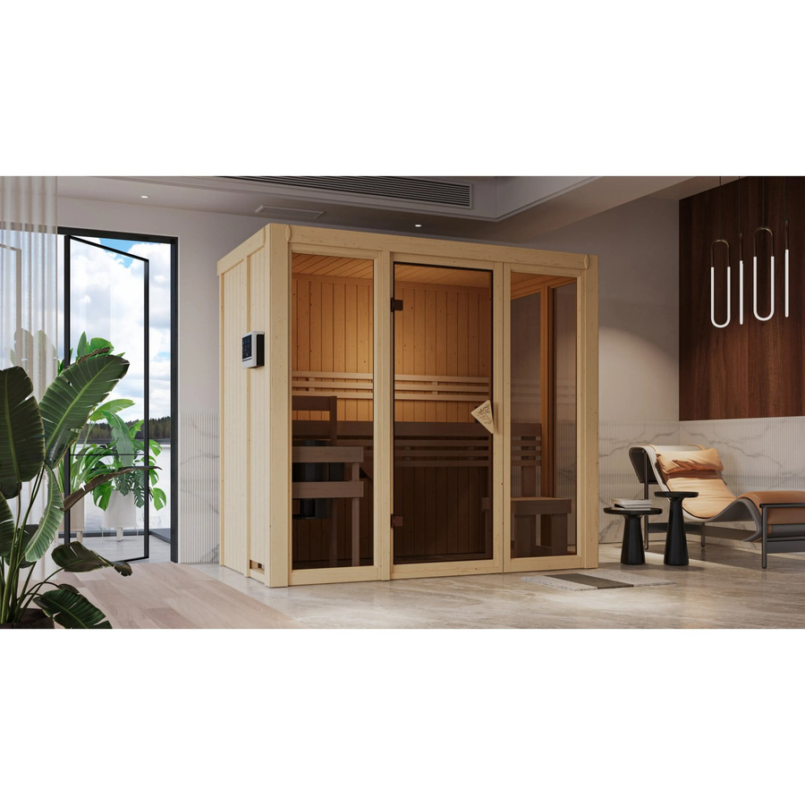 Karibu Sauna Vaira 2 mit Ganzglasfront und 3,6 kW Ofen inklusive integrierter Steuerung in Natur - Bild 2