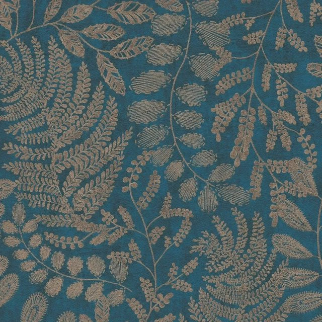 PROFHOME Natur Tapete Floral Art Nouveau in Blau Gold Petrol und Türkis, Vlies-Tapete Matt, Breite: 0,53 m, Länge: 10,05 m - Bild 1