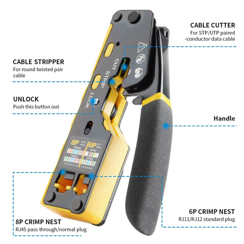 Professionelle RJ45 Crimpzange als Durchgangs-Crimper für Cat6, Cat5e und Cat5 sowie RJ11 und RJ12 in Grün - Bild 4