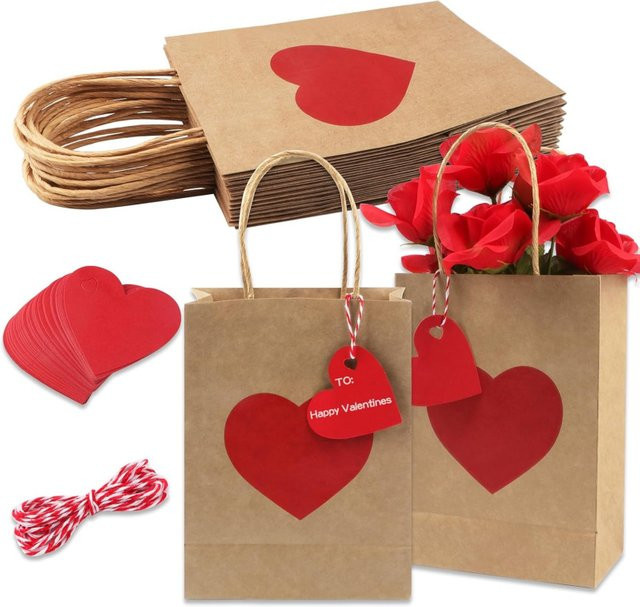 5 Stück Valentinstag-Geschenktüten aus Kraftpapier mit Etiketten in Rot und Braun für Hochzeit, Jahrestag, Geburtstag oder Party - Bild 1