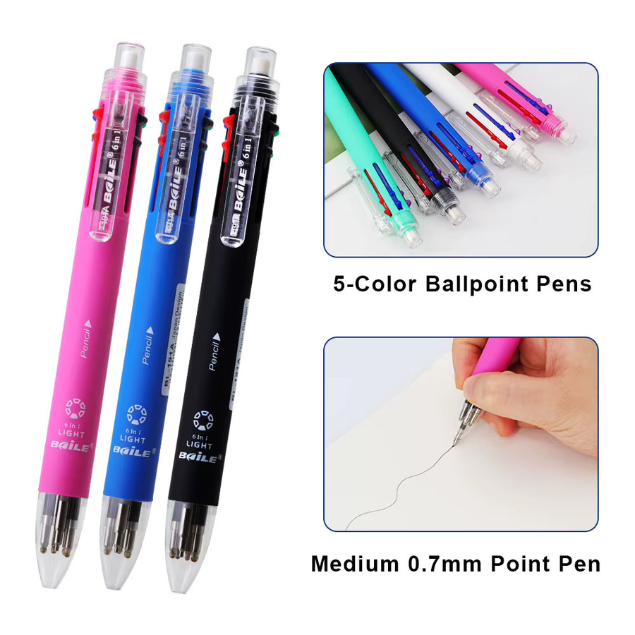 JOMPENS 3-teiliges Schreibset mit 6-in-1 Kugelschreibern in 5 Farben (0,7 mm) und automatischem Bleistift (0,5 mm), Mehrfarbig/Pink - Bild 2
