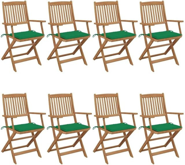 vidaXL Set 8 Klappbare Gartenstühle aus Akazien-Massivholz mit Kissen in Braun und Grün - Bild 1