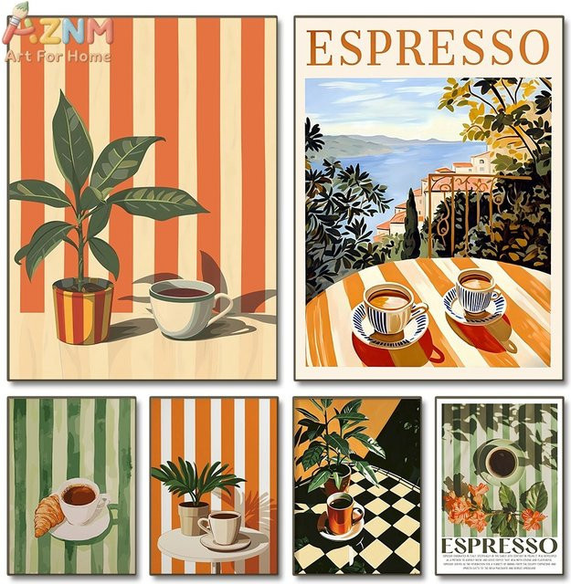 AZNM Retro Wandkunst Poster mit Espresso Kaffee Croissant und Pflanzen Illustration auf gestreifter Leinwand für deine Café oder Heimdekoration - Bild 1