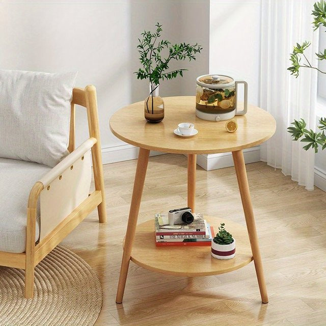 LIUSHADUOLA Nordischer 2-stöckiger Beistelltisch aus Holz, runder Couchtisch in Braun und Schwarz mit 3 Beinen für Wohnzimmer, Schlafzimmer und Balkon - Bild 1