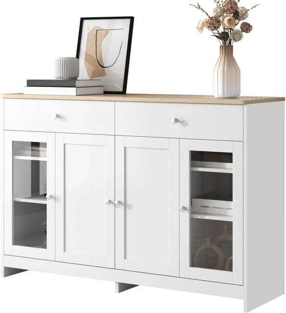 okwish Sideboard in Weiß mit 4 Glastüren und 2 Schubladen für Wohnzimmer und Esszimmer, B/T/H: 120 x 37 x 80 cm - Bild 1