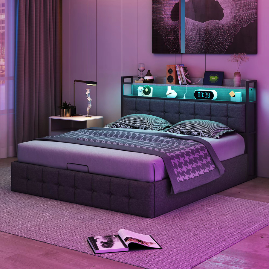Polsterbett FEEOHOME in Grau mit Staufach und Kopfteil, Doppelbett mit Bettkasten und Hydraulikfunktion, B/T: 140 x 200 cm - Bild 5