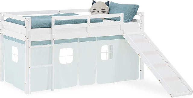 Homestyle4u Kinder Hochbett aus massivem Kiefernholz mit Rutsche und Vorhang in Weiß und Grün, B/T/H: 90 x 200 x 217,5 cm - Bild 1