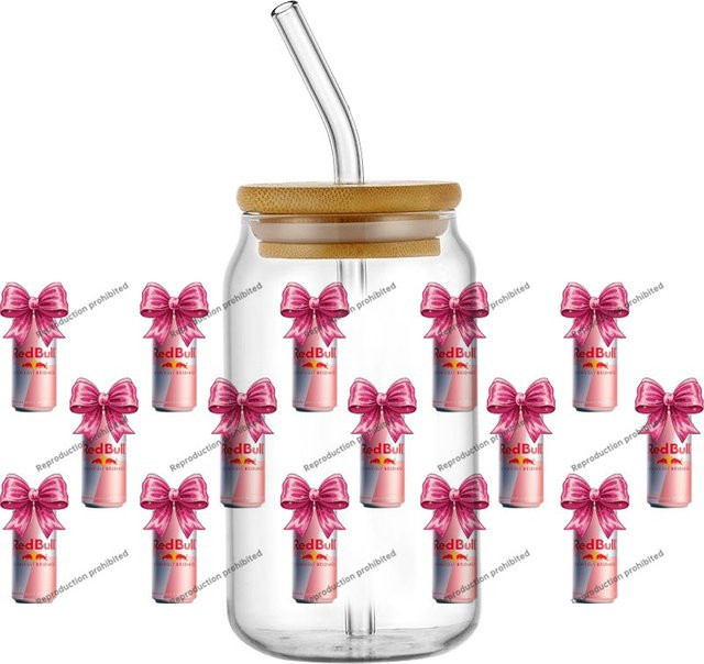 Potdemiel Pink Bow Drinks Series UV DTF Becherfolien-Aufkleber für 16oz Glasbecher, wasserdichte 3D-Effekt-Transferaufkleber in Pink - Bild 1