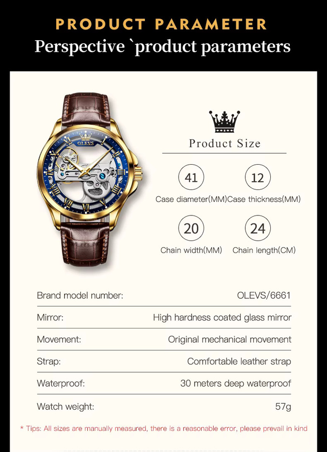 OLEVS Armbanduhr, Automatik, Leder, Gold, Bicolor, Blau, Herren - Bild 6