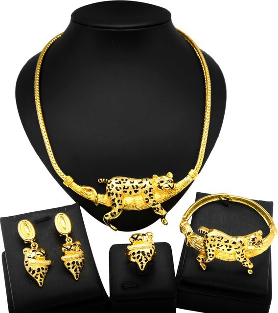 SYHOL Schmuckset Damen, Halskette, Ring, Armbänder, Kopfringe, Gold, Leopardenmuster - Bild 1