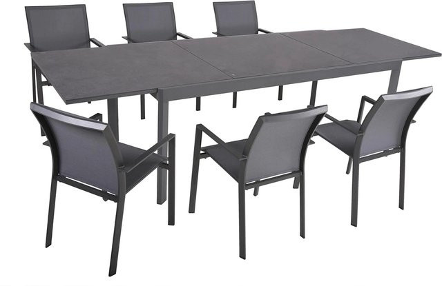 DELUKE Garten-Sitzgruppe EERO 7-teiliges Gartenmöbel-Set in Grau mit ausziehbarem Esstisch aus Glas und Aluminium - Bild 1