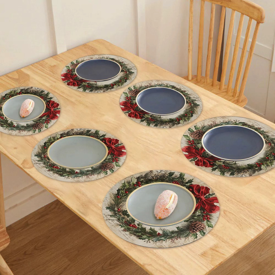 VIKAMA 6er Set Weihnachtsmahlzeitmatten mit Weihnachtskranz-Design in Rot und floralem Muster aus PVC - Bild 3