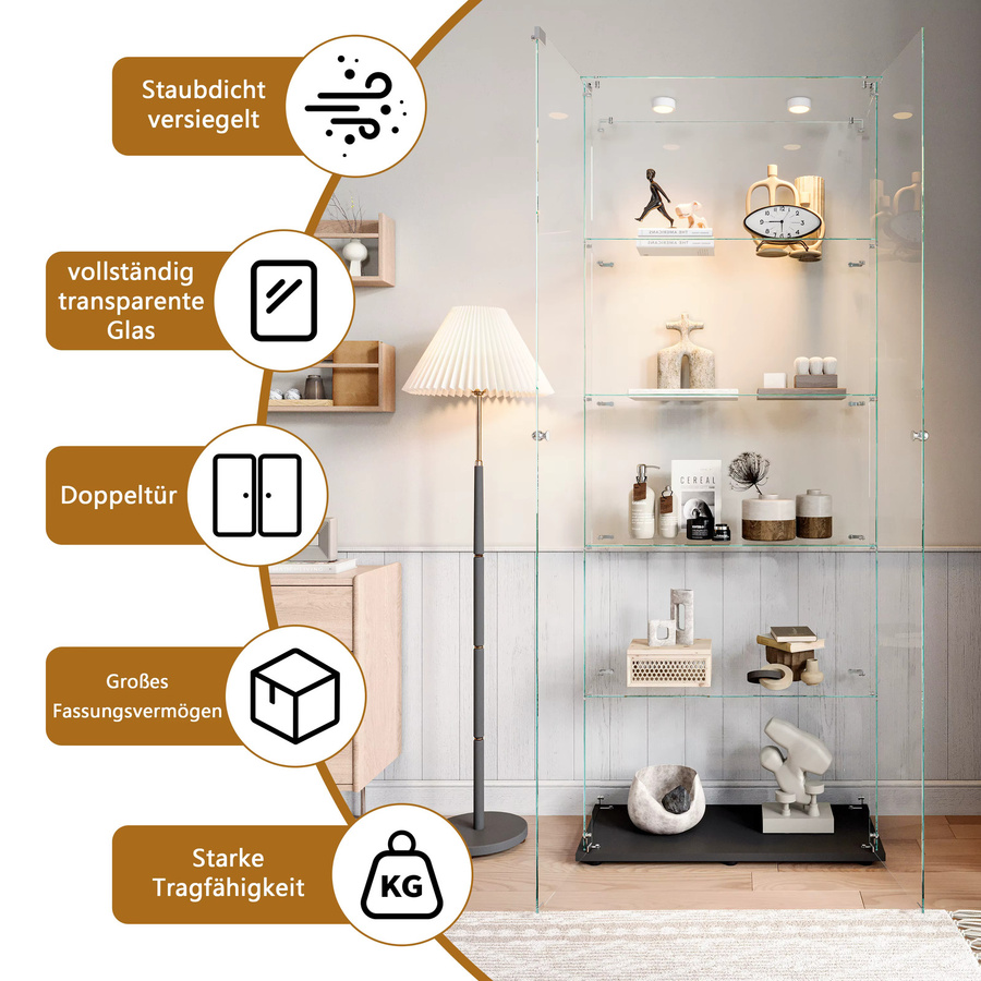 Rosahqnda stehende Glasvitrine in Schwarz mit 5 Glasböden, 2 Glastüren, LED-Beleuchtung und Schloss für dein Wohnzimmer - Bild 3