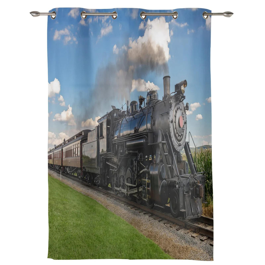 Halbsch transparenter Vorhang mit Zug- und Eisenbahn-Motiv von Household supplies MH für Kinderzimmer, Mehrfarbig, Breite: 135 cm, Höhe: 60 cm - Bild 1