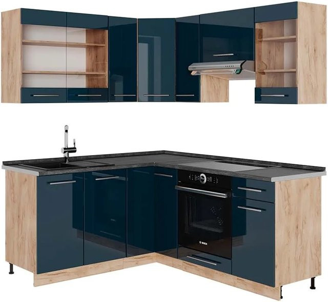 Vicco Eckküche Fame-Line Eiche Dunkelblau Hochglanz mit Arbeitsplatte Anthrazit B/T: 160 x 190 cm - Bild 2