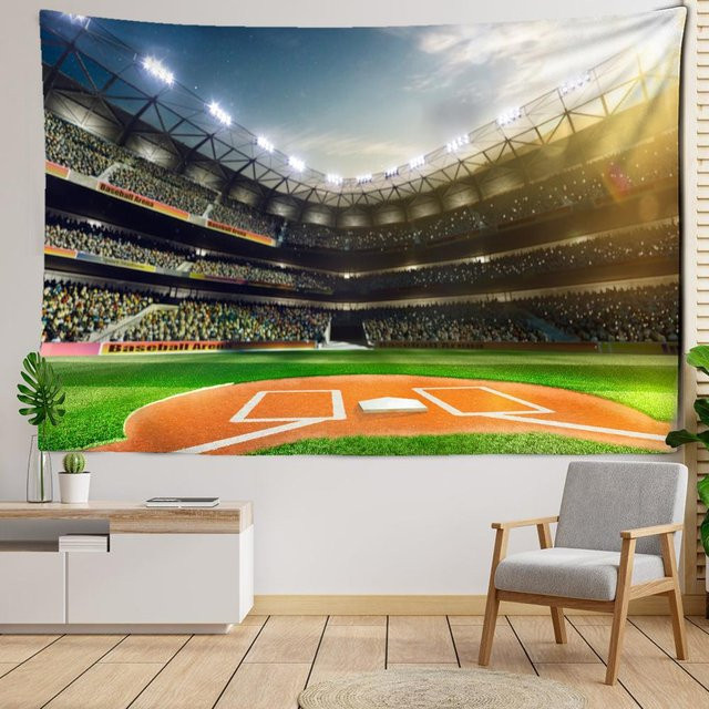 Fußballfeld Landschaft Wandteppich im Boho-Stil von Super Six, Mehrfarbig, B/H: 95 x 70 cm - Bild 1