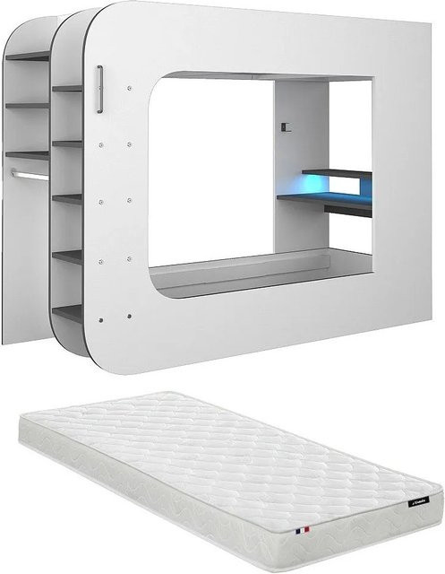 Vente-unique Hochbett Warrior in Anthrazitgrau und Weiß, B/T: 90 x 200 cm, Höhe: 238,1 cm - Bild 1