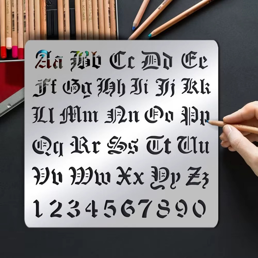 Gothic Alphabet und Zahlen Schablone zum Malen und Gravieren für Holz oder Leder, 15,6 x 15,6 cm - Bild 2