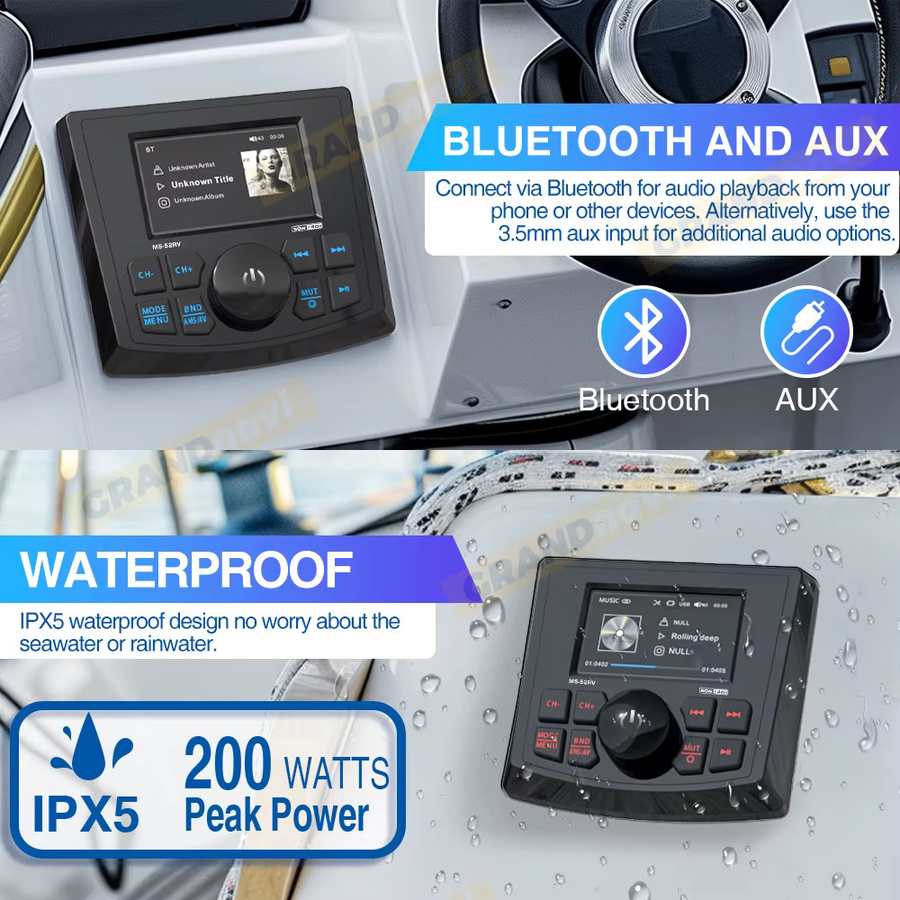 GRANDnavi Marine Stereo MP5 Radio Player mit Bluetooth, FM/AM/RDS und IPX5 Wasserdichtigkeit in Schwarz - Bild 4