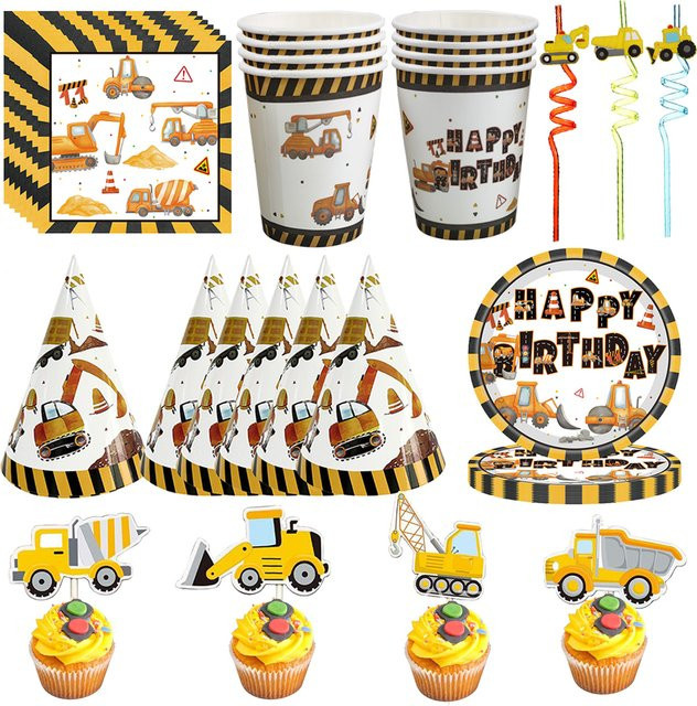 PartiesTour Bau-Partyzubehör, Geburtstags-Themen-Teller, Tassen, Servietten, Hut, Bau-LKW-Dekorationen - Bild 1