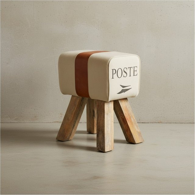 KADIMA DESIGN Retro Sitzhocker Canzas aus Mango-Massivholz und Stoff in Beige, B/T/H: 40 x 47 x 30 cm - Bild 1