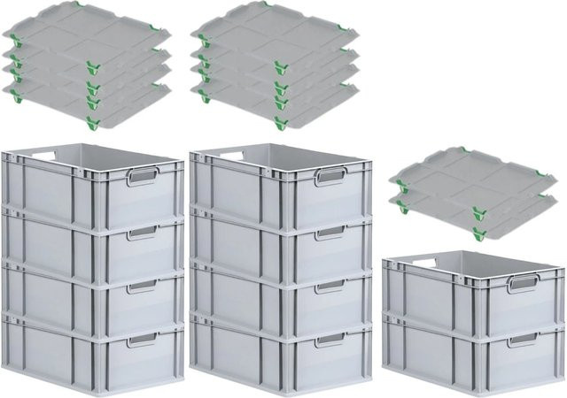 PROREGAL SparSet 10x Eurobox NextGen Grip mit Auflagedeckel und 4 grünen Schiebeschnappverschlüssen, Grau, H x B x T: 22 x 40 x 60 cm - Bild 1