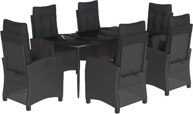 vidaXL 7-teilige Garten-Essgruppe aus Poly Rattan in Schwarz mit Kissen und Tisch aus gehärtetem Glas - Bild 1